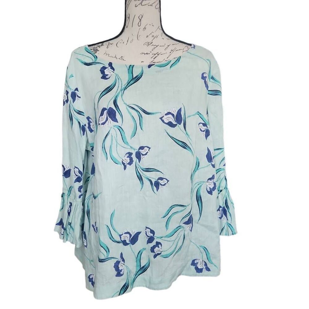 Charter Club Women's Size XL Blue Floral Flared 3/4 Sleeve Linen Blouse